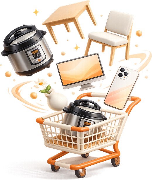 Illustration : un panier d'achat rempli de produits (électroménager, high-tech, maison)